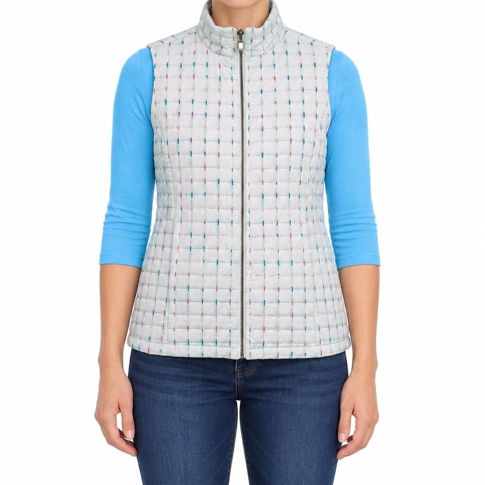 For Cynthia White Quilted Vest Womens Large Lightweight Embroidered Full Zip New